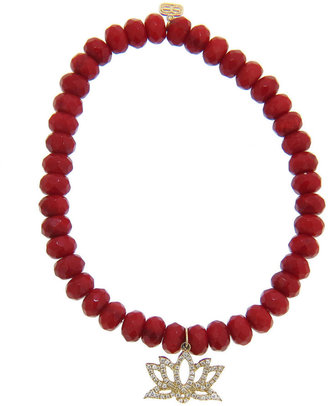 Sydney Evan Lotus Outline in Yellow Gold and Diamonds on Red Coral Beaded Bracelet