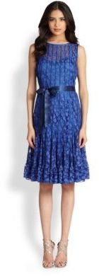 Teri Jon Floral-Lace Pintucked Dress