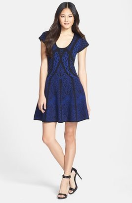 Nicole Miller Mixed Pattern Fit & Flare Sweater Dress