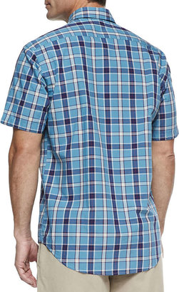 Mason's Jeans Large-Plaid Short-Sleeve Shirt, Turquoise