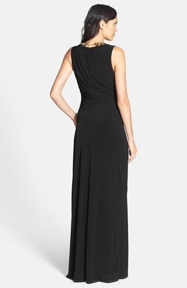 Laundry by Shelli Segal Embellished Neck Ruched Jersey Gown (Regular & Petite)