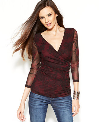 INC International Concepts Surplice-Neck Ruched Printed Top