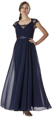 JS Boutique Pleated Chiffon Lace Cap Sleeve Gown