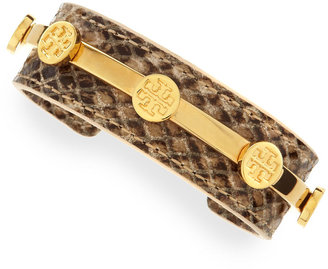 Tory Burch Snake-Embossed Leather Logo Cuff