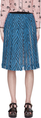 Marni Blue Silk Lattice-Print Pleated Skirt
