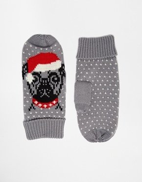 ASOS Christmas Pug Mittens With Touch Screen Detail - grey