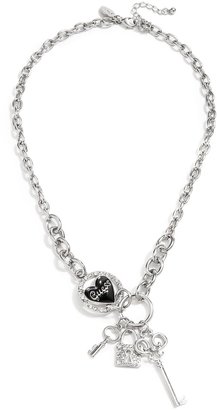 GUESS Silver-Tone Enamel Heart & Key Link Necklace