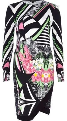River Island Black abstract print wrap front dress