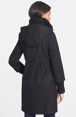 DKNY Rib Knit Trim Wool Blend Babydoll Coat with Detachable Hood