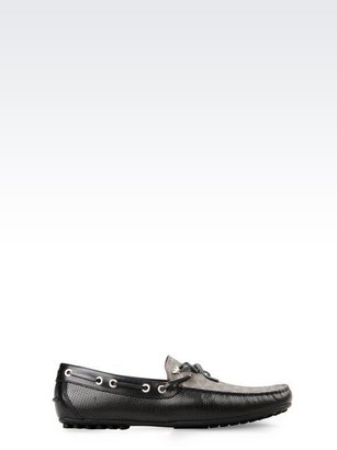 Giorgio Armani Driving Shoe In Calfskin And Logo Patterned Pvc