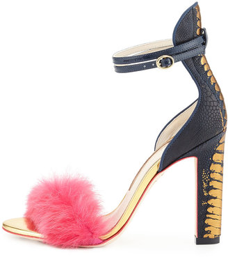 Webster Sophia Nicole Ostrich & Rabbit Fur Sandal, Hot Pink