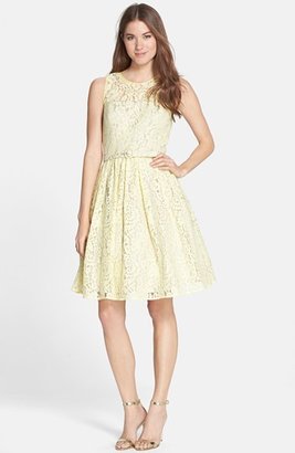 Eliza J Belted Lace Fit & Flare Dress