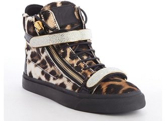 Giuseppe Zanotti brown and black leopard print calf hair crystal studding fastening tape sneakers