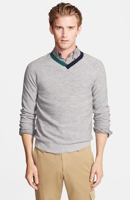 Band Of Outsiders Merino Wool V-Neck Sweater with Two-Tone Collar