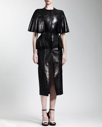 Alexander McQueen Cape-Sleeve Leather Dress, Black