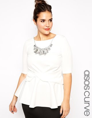ASOS Curve CURVE Exclusive Knot Front Peplum Top with Necklace - Ivory