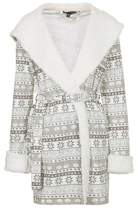 Topshop Grey and pale pink fairisle unicorn print robe with extra fluffy fleece lining and hood. 100% polyester. machine washable.