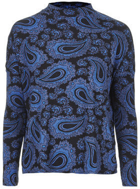Topshop Womens Paisley Long Sleeve Funnel Neck Top - Blue