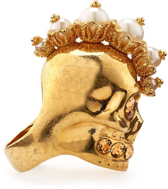 Alexander McQueen Punk Skull Pearl Ring, Golden