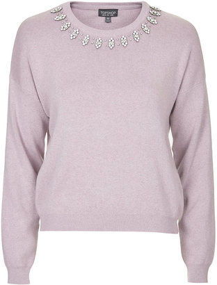 Topshop Knitted sweater with enamel crystal necklace detail. 78% cotton, 17% nylon, 5% elastane. machine washable.