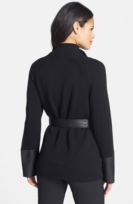 Lafayette 148 New York Faux Leather Trim Belted Cashmere Cardigan
