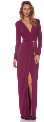Halston Long Sleeve Cross Over V Neck Gown