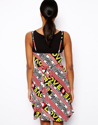 Love Moschino Cami Dress in Peace and Love Print with Jersey Underlayer