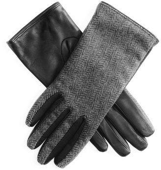 Black Herringbone Tweed and Leather Gloves