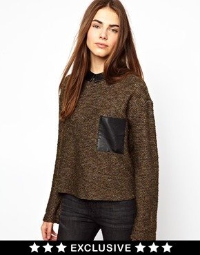 Esprit Jumper With Leather Look Collar And Pocket - Khaki
