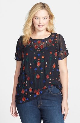 Lucky Brand 'Black Medallion' Embroidered Top (Plus Size)