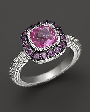 Judith Ripka Sterling Silver Cushion-Cut Isabella Ring with Amethyst and Lab-Created Pink Corundum