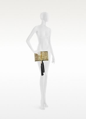 Roberto Cavalli Lion Gold and Black Quilted Metallic Python Small Clutch