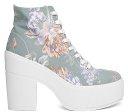 Shellys Blue Floral Print Black Heeled Lace Up Ankle Boots - Black