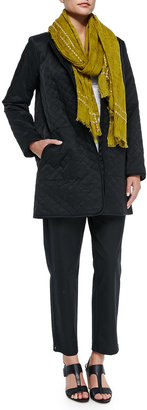 Eileen Fisher Quilted Long Jacket W/ Fleece Lining, Slub V-Neck Tunic, Grid-Striped Linen/Wool Scarf & Slim Ankle Pants