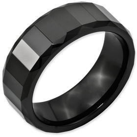 Six and Hill 8mm High Polish Finish Black Ceramic Vertical Faceted Design Contemporary Beveled Edge Wedding Ring