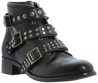 Bertie Punkie Leather Triple Strap Studded Ankle Boots, Black
