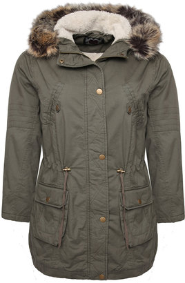 Yours Clothing Khaki Cotton Twill Parka With Fur Trimmed Hood And Fleece Lining