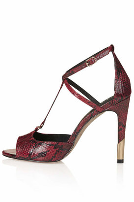 Topshop Red snake effect strappy high heels with metal detail. heel height approximately 4.5". 100% polyurethane.