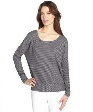 Three Dots Black And Grey Stretch Striped Pattern Long Sleeve Relaxed Tee