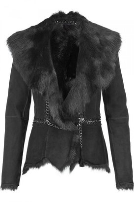 Roberto Cavalli Black Leather/Fur Jacket With Chain Detailing