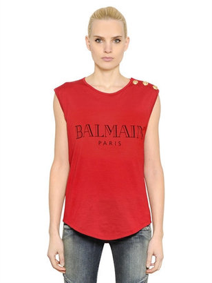 Balmain Sleeveless Logo Printed Cotton T-Shirt