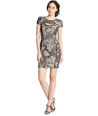 ABS by Allen Schwartz black and nude printed lace cap sleeve dress