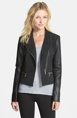 MICHAEL Michael Kors Leather & Pinstripe Moto Jacket
