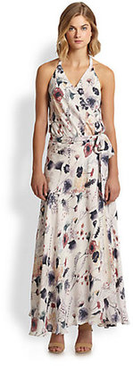 Haute Hippie Floral-Print Silk Halter Wrap Gown