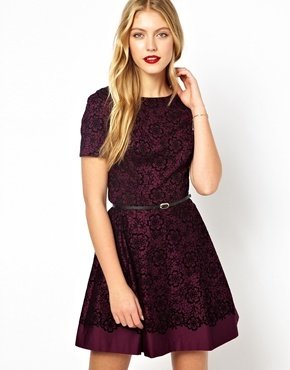 Oasis Lace Flocked Skater Dress - purple