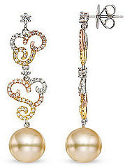 Ice.com 2684 7/8 Carat Diamond and 11mm Golden South Sea Cultured Pearl 18K Tri Color Gold Earrings