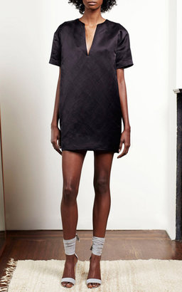 Adam Lippes Luxe Linen Suiting V-Neck Shift Mini Dress Black