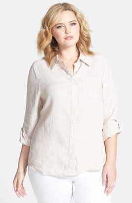 Foxcroft Shaped Roll Sleeve Linen Shirt (Plus Size)
