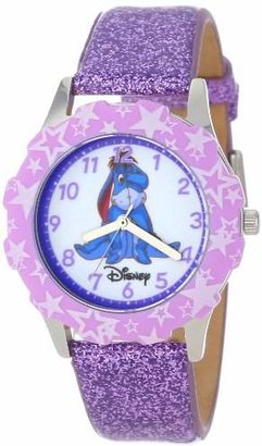 Disney Kids' W000871 Tween Eeyore Stainless Steel Printed Bezel Purple Glitter Leather Strap Watch