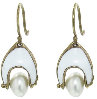 Ten Thousand Things White Enamel Earrings with Pearls in Yellow Gold